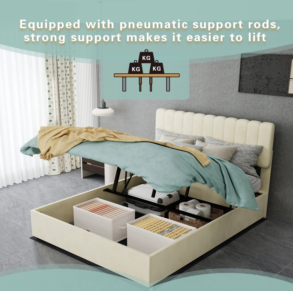 Letto imbottito minimalista beige 140x200 cm con testata morbida e contenitore
