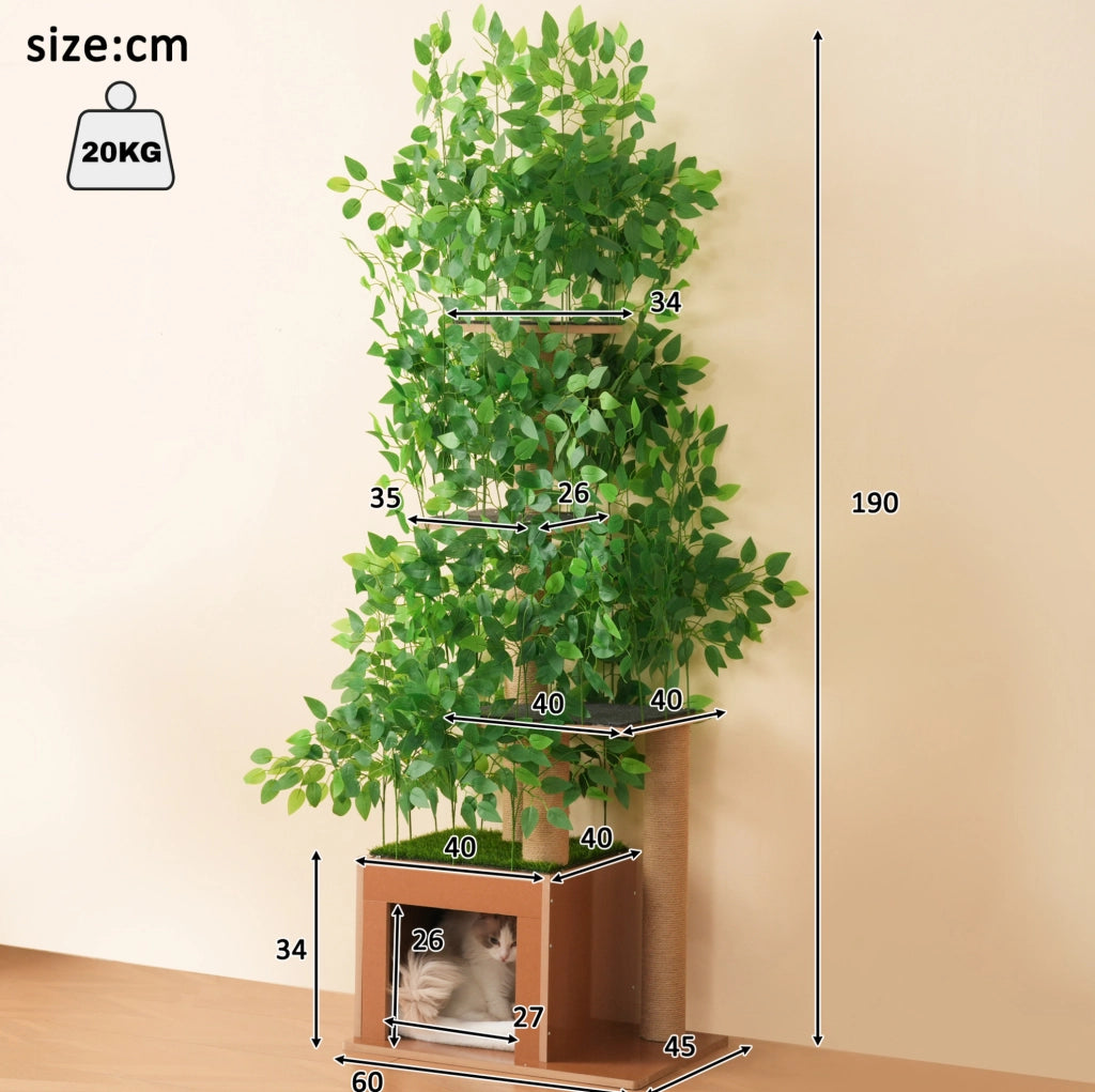 Tiragraffi ad albero 60x45x190 cm con 4 piattaforme e cuccia in MDF verde