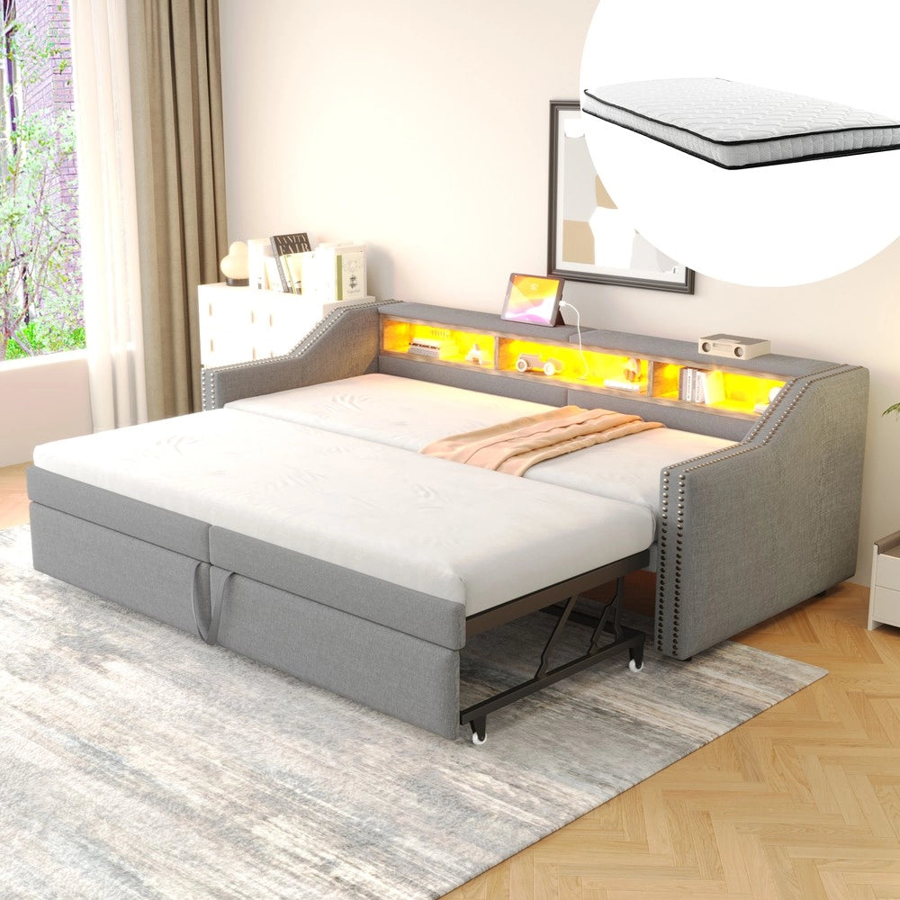 Letto Imbottito Estraibile con Contenitore, LED e USB ¨C Xylo ¨C 90/180x200 cm, Grigio Chiaro, con Materasso