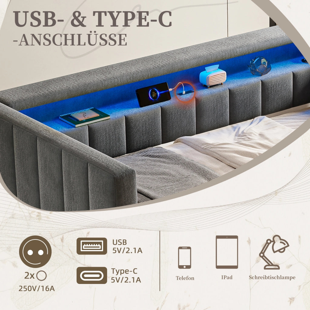 Letto con letto estraibile 90 × 190 cm con LED regolabile USB Type-C testiera capitonné velluto grigio scuro