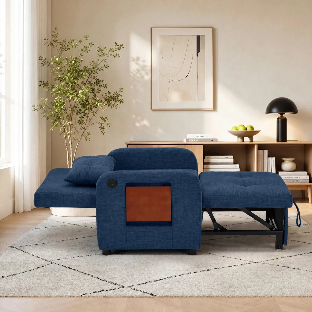 Poltrona letto pieghevole blu scuro – Rivestimento in tessuto, funzione seduta e letto, porta USB, tavolino pieghevole, cuscino, schienale regolabile