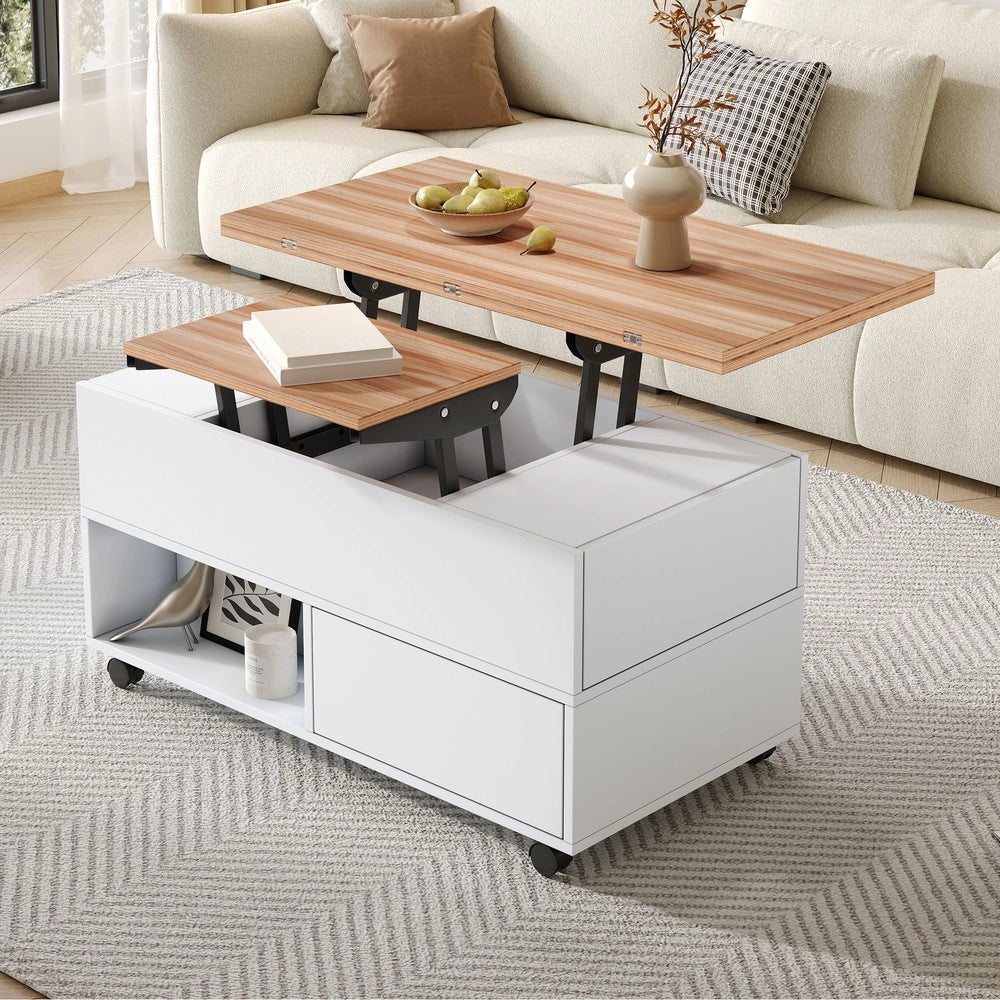 Tavolino da Caff¨¨ Sollevabile con 4 Cassetti e Ruote ¨C MINIMAL ¨C Bianco/Legno, 100x50x52