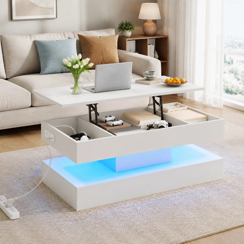 Tavolino da salotto sollevabile con LED; vano portaoggetti e prese EU 100x50x42 cm bianco