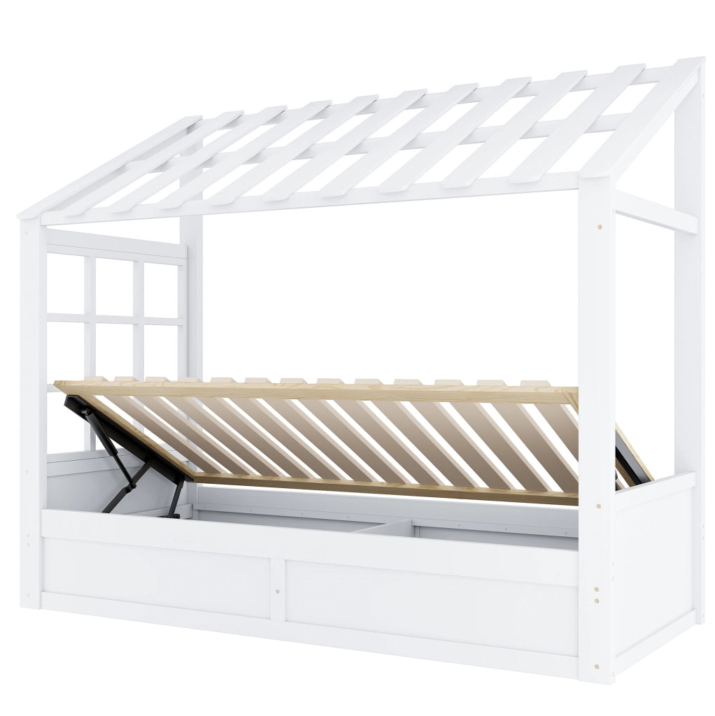 Letto a forma di casa ULEVR 90x200 cm con contenitore idraulico e vani laterali, bianco
