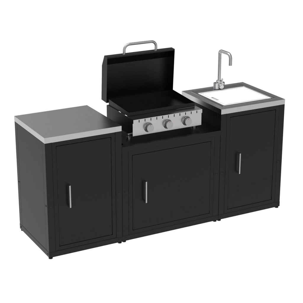 Modulo Plancha Gas GPL 3 Bruciatori per Cucina da Esterno Componibile con Mobile Contenitore, Coperchio e Accensione Piezoelettrica – 85 x 60,7 x H77 cm