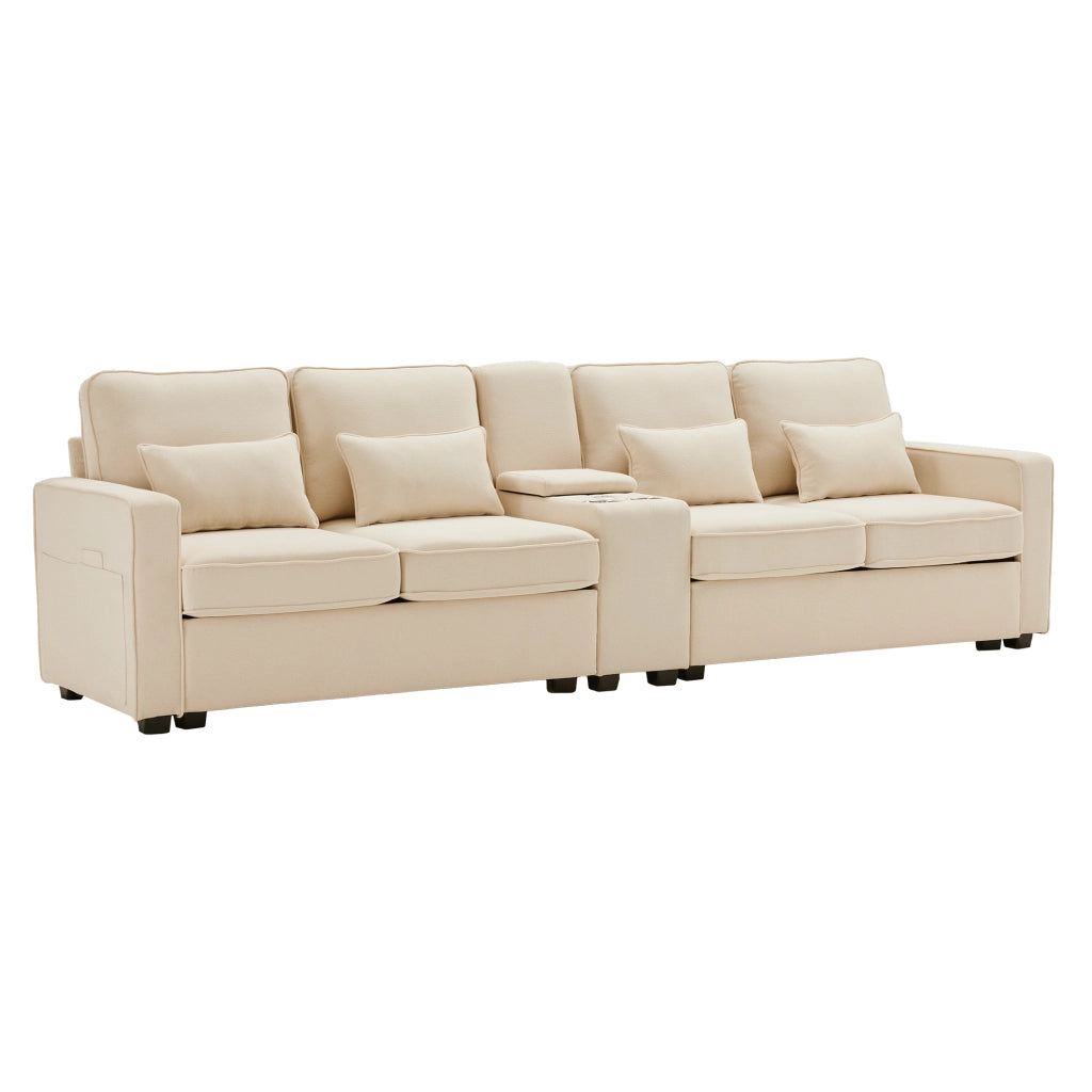 Divano 4 posti 290x83x88 cm con console, USB e portabevande in tessuto effetto lino beige