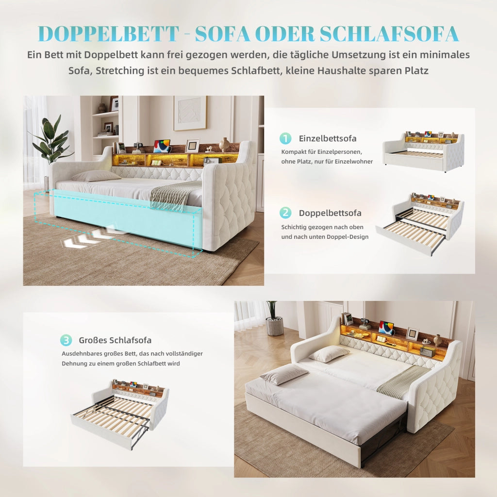 sofa letto in velluto beige 90 x 190 cm