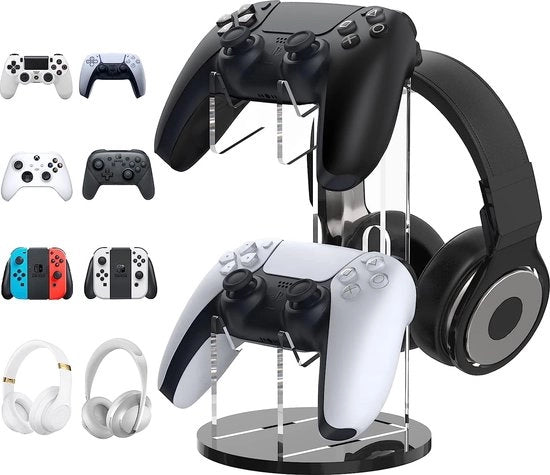 Supporto per controller e cuffie, houder universale in acrilico 2-in-1 per controller e cuffie, accessori per gaming, supporto per cuffie e controller, accessori, nero