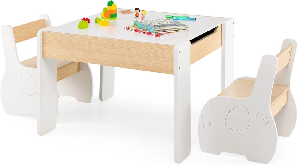 Set Tavolo e Sedie per Bambini, Set di Tavolo da Attività per Bambini con 2 Sedie, Lavagna Rimovibile e Deposito, per Giocare, Disegnare e Leggere (bianco)