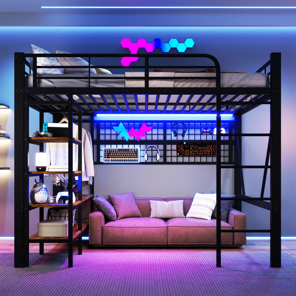Letto a soppalco 140 × 200 cm con luci LED app ripiano rete appendiabiti metallo MDF nero senza materasso