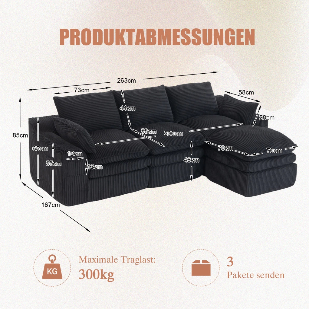 Divano modulare 3 posti in velluto a coste con pouf, cuscini e 2 tasche laterali, imbottitura a 3 strati con molle per un rapido ritorno elastico, nero