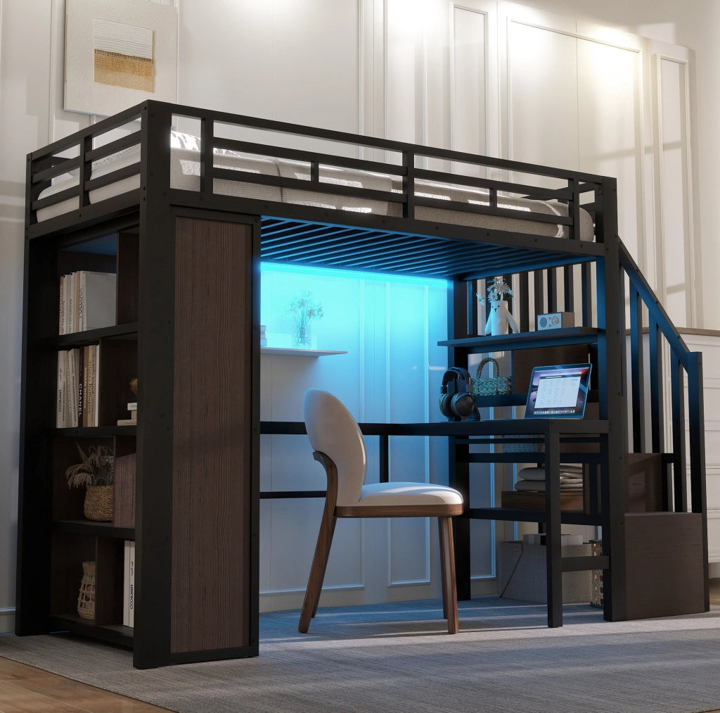 Letto a soppalco 90 x 200 cm con scrivania, ripiani e LED nero