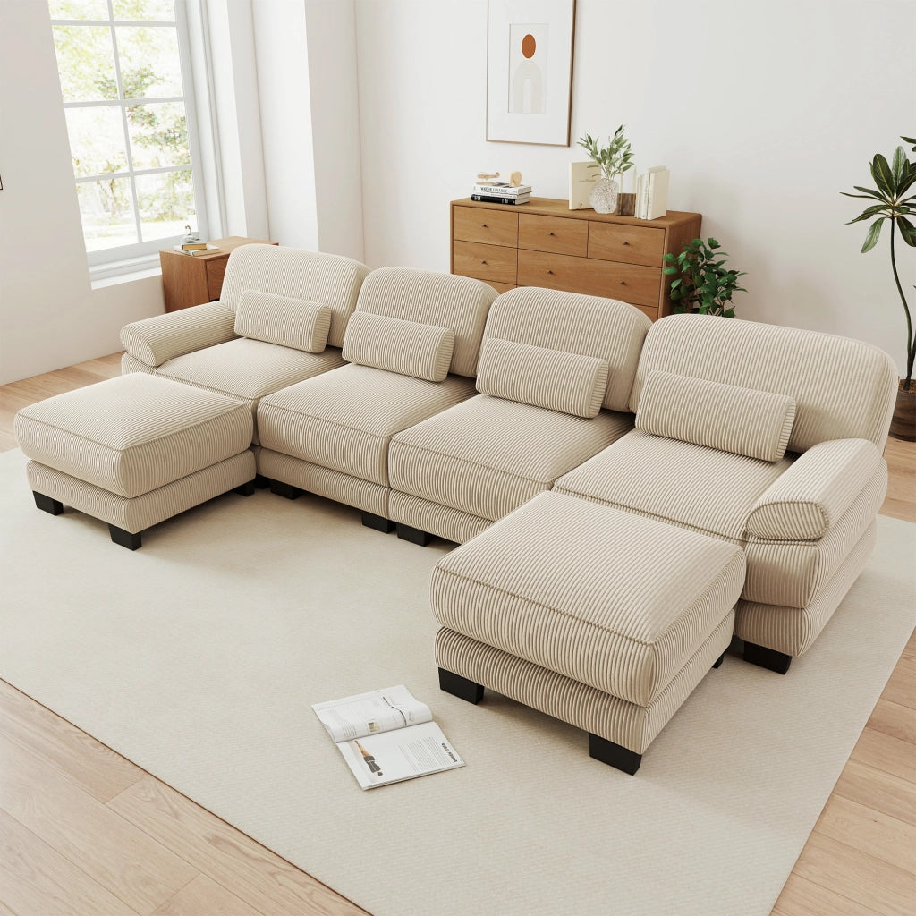 Divano modulare componibile a U in tessuto a coste beige 336x161x94 cm