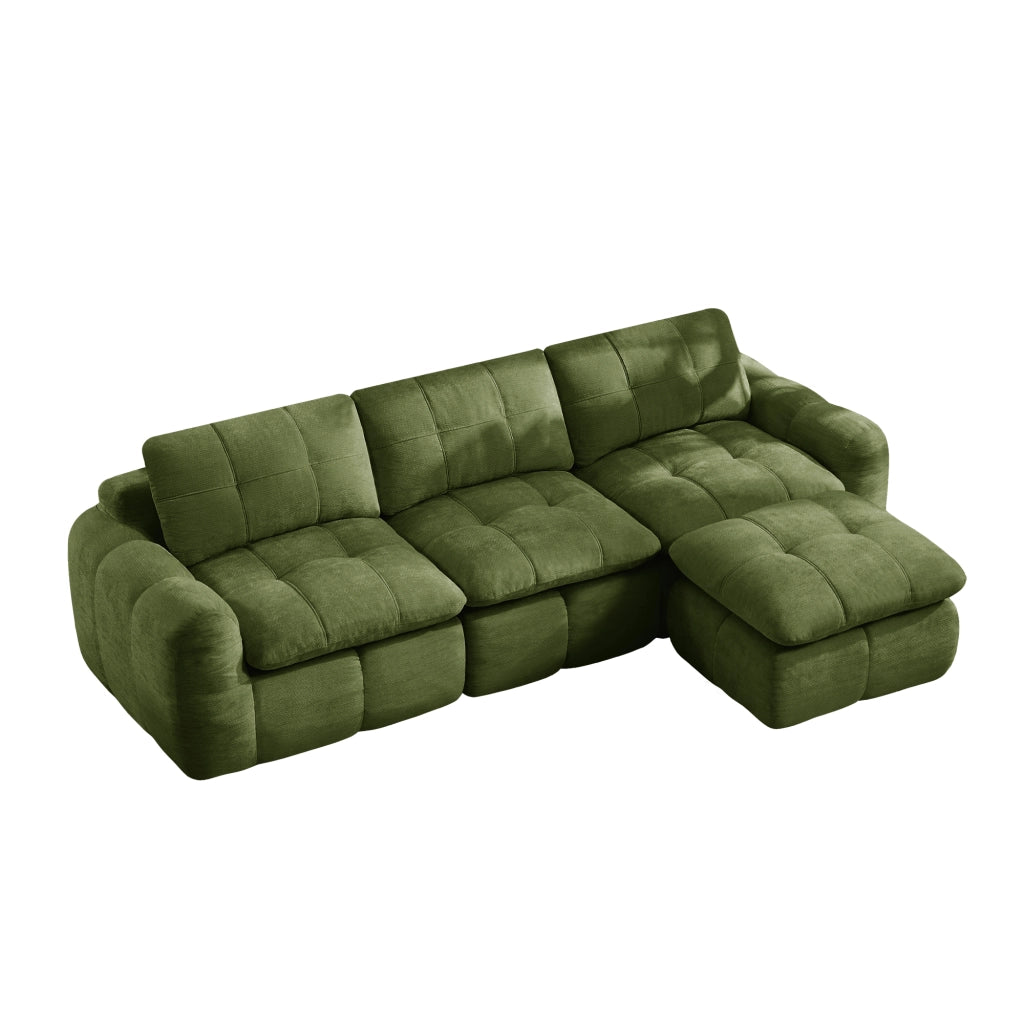 Divano modulare angolare in chenille verde con ottomana; 264 x 160 x 68 cm