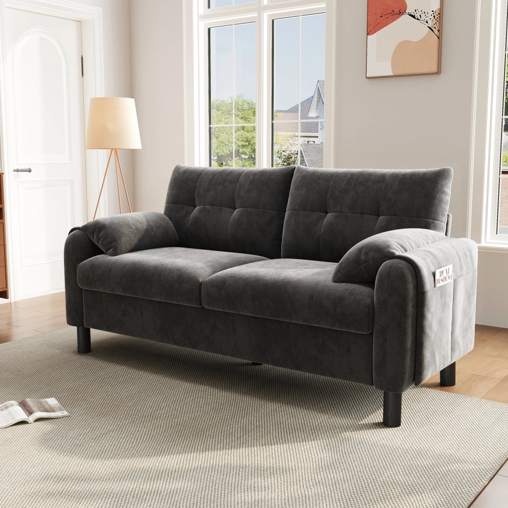 Divano 2 posti in chenille grigio 158 x 80 x 88;5 cm; con tasche laterali e cuscini