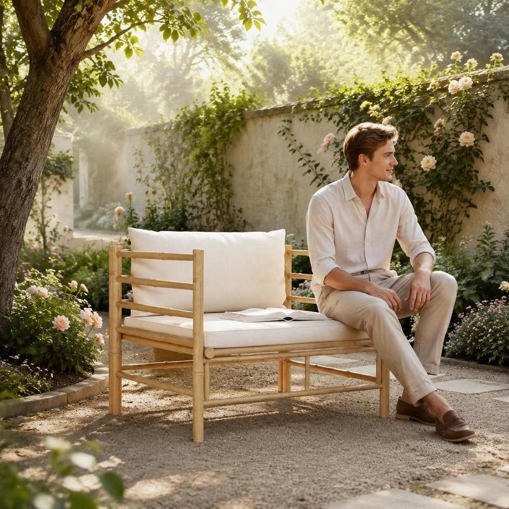 Garden Sofa With Cushions, Cream White, Bamboo