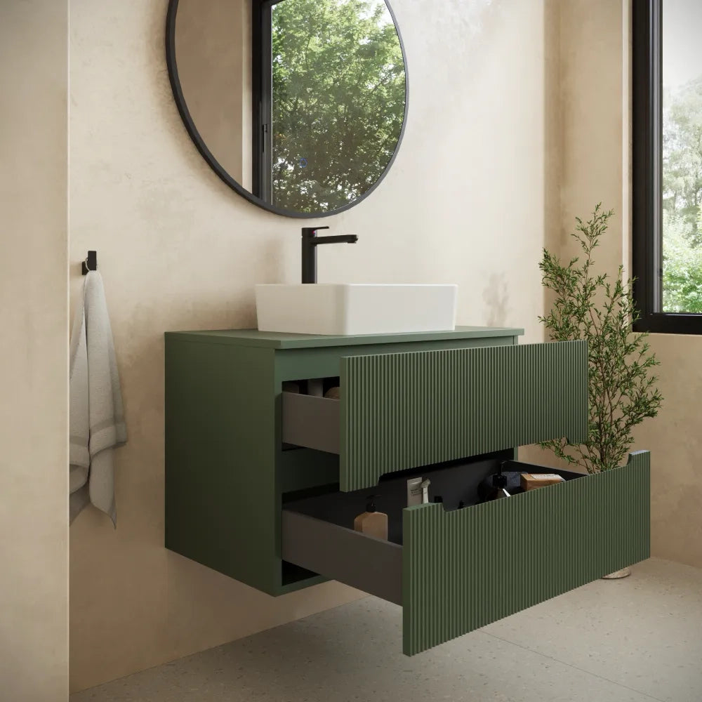 Mobile bagno sospeso 80cm due cassetti verde foresta cannettato con top | Tigua