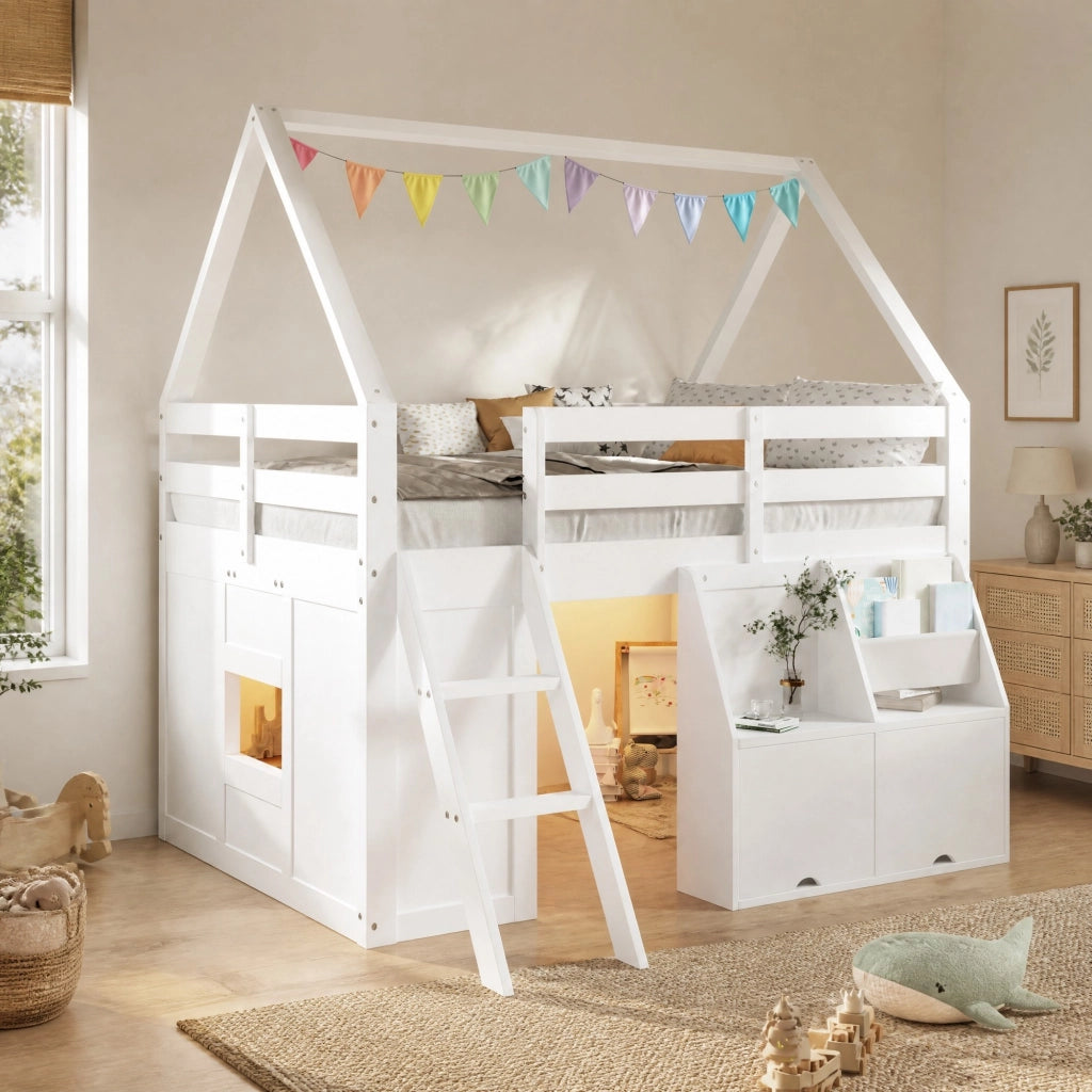 Letto a soppalco per bambini 140x200 cm a casetta con scala; LED e contenitori bianco HOMVRA