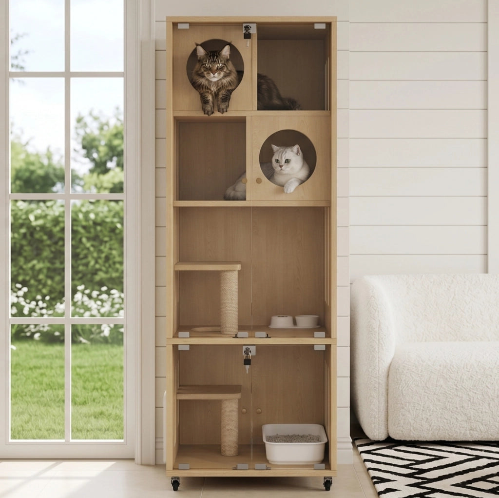 GABBIA PER GATTI Multilivello in MDF e Vetro Colore Naturale con Ruote