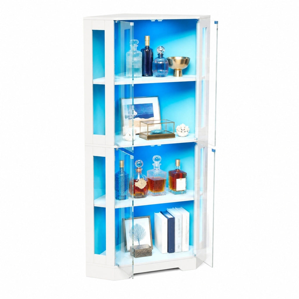 Credenza da cucina alta con LED, 4 ante in vetro e 2 ripiani regolabili, per cucina e sala da pranzo, MDF bianco