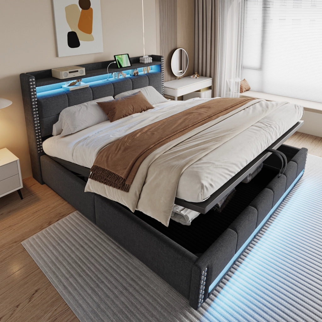 Letto matrimoniale imbottito 180×200 cm 2 posti con contenitore idraulico; LED e USB; senza materasso; grigio