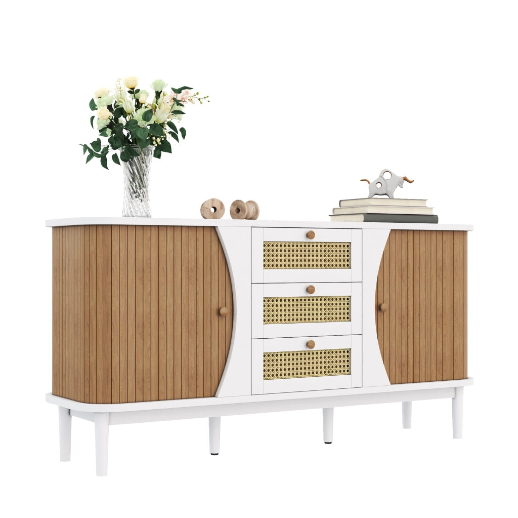 Credenza bianca e color legno con 3 cassetti in rattan