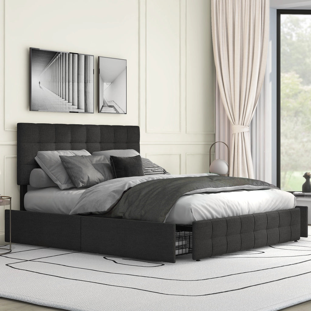Letto matrimoniale imbottito 140 × 200 cm con 4 cassetti testiera regolabile in lino nero e rete in acciaio