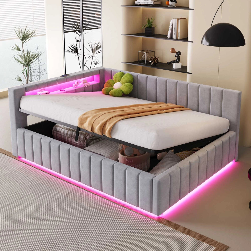 Letto divano 140x200 cm con contenitore; LED; USB e rete a doghe; in velluto; grigio chiaro