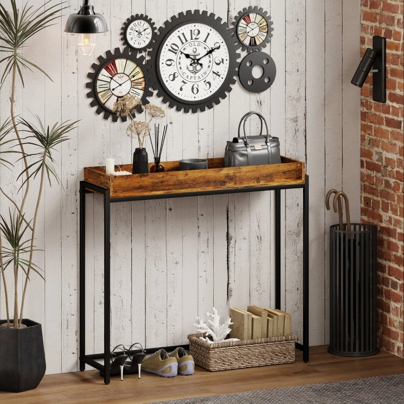 Consolle stretta con protezioni laterali in truciolare melaminico e metallo marrone rustico 100 × 30 × 91 cm