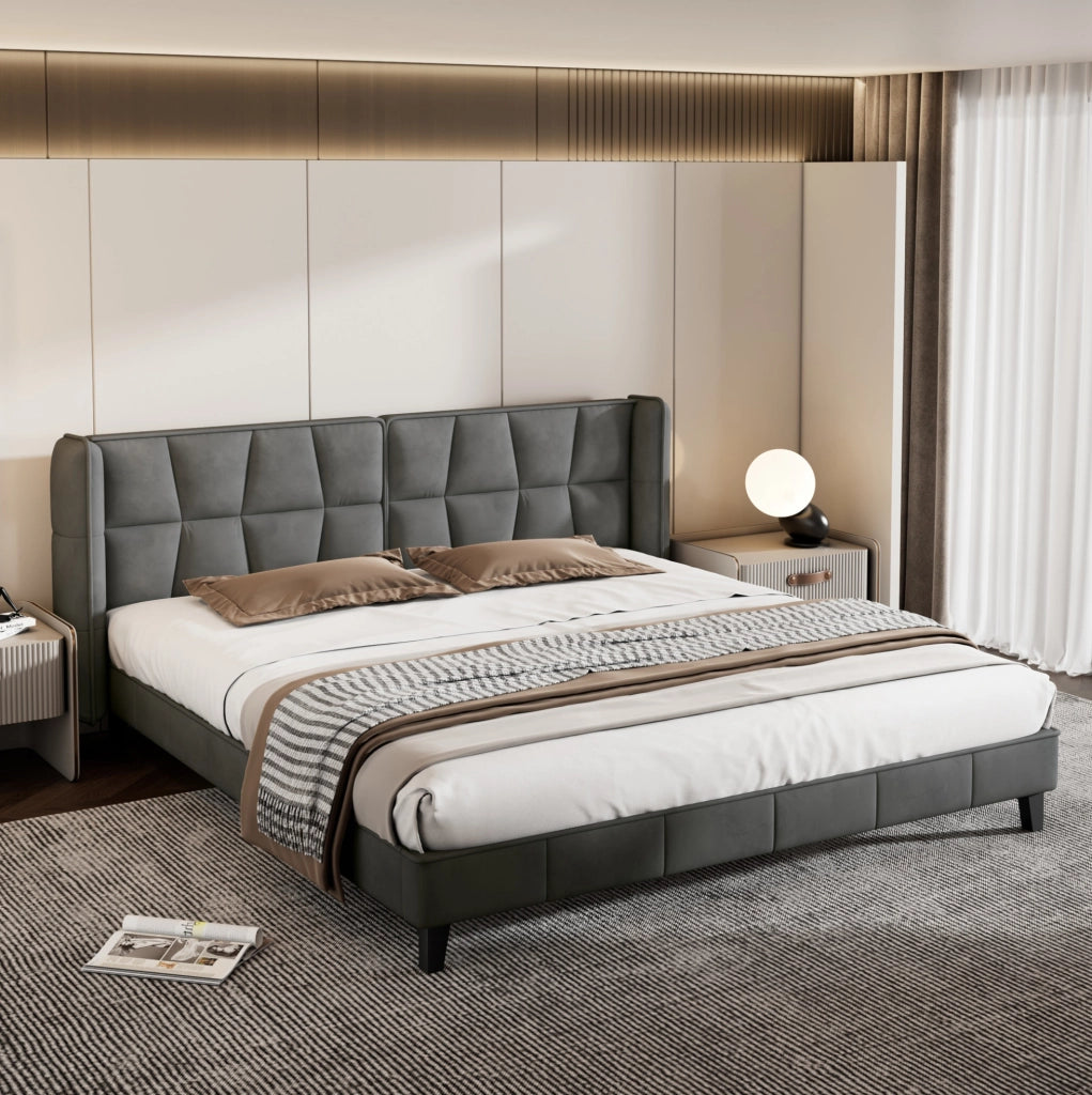 Letto imbottito 180x200 cm con rete a doghe e testiera in velluto grigio