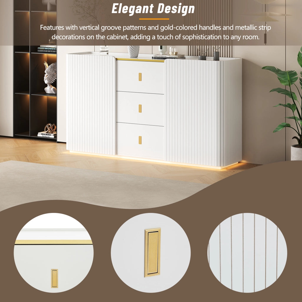 Credenza e madia con LED Bluetooth, 2 ante e 3 cassetti, per soggiorno e cucina, in truciolare bianco, 150 × 35 × 80 cm