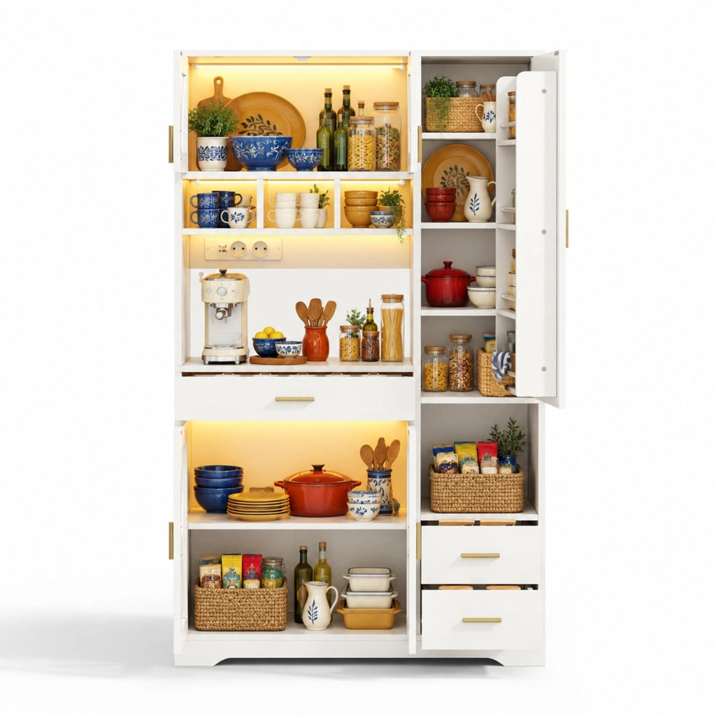 Credenza alta 105x40x185 cm con vetrina; LED multicolore e prese USB in MDF bianca