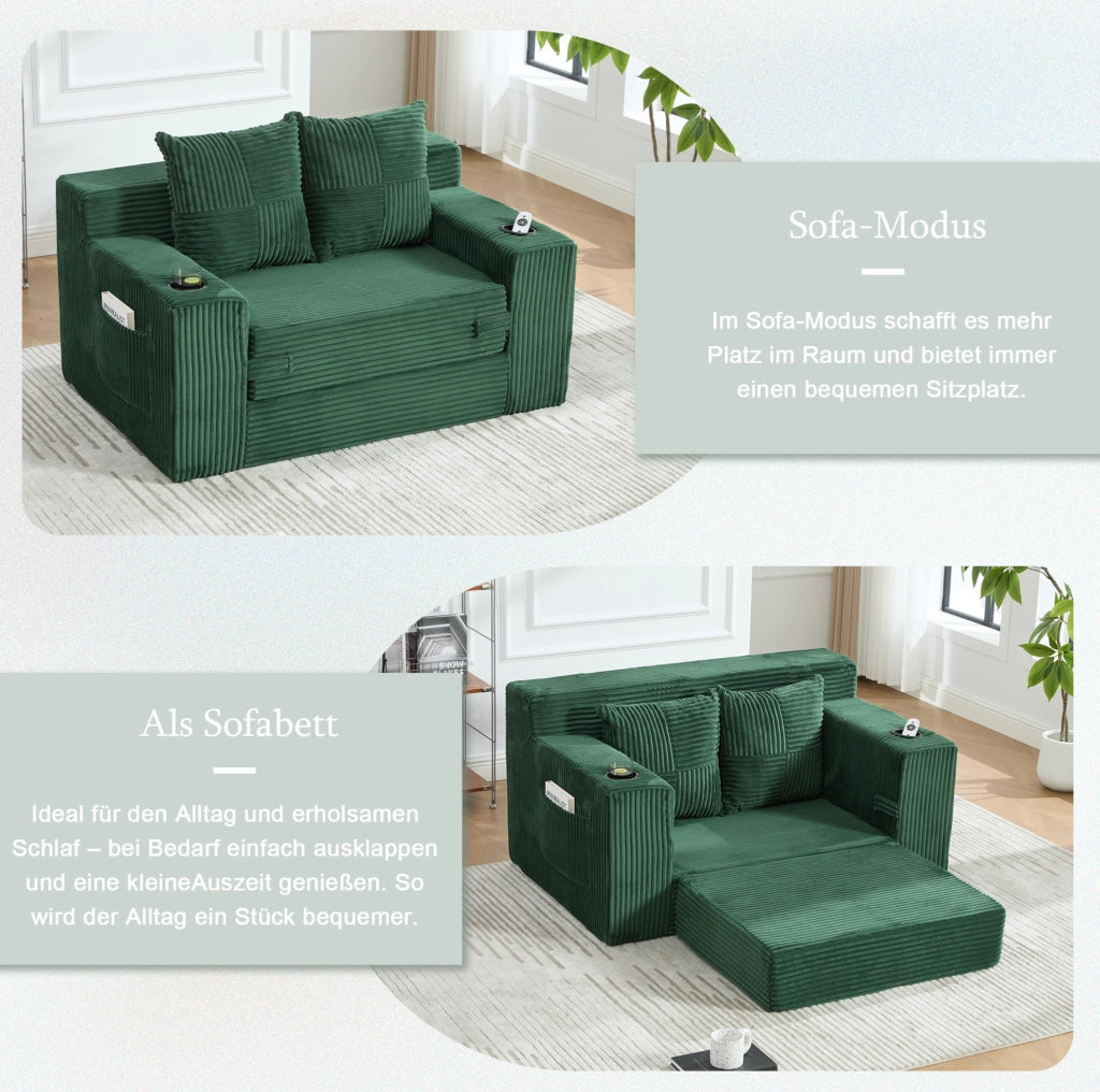 Divano pouf ULEVR 151x133x64 cm in velluto a coste verde smeraldo con 2 cuscini e tasche laterali