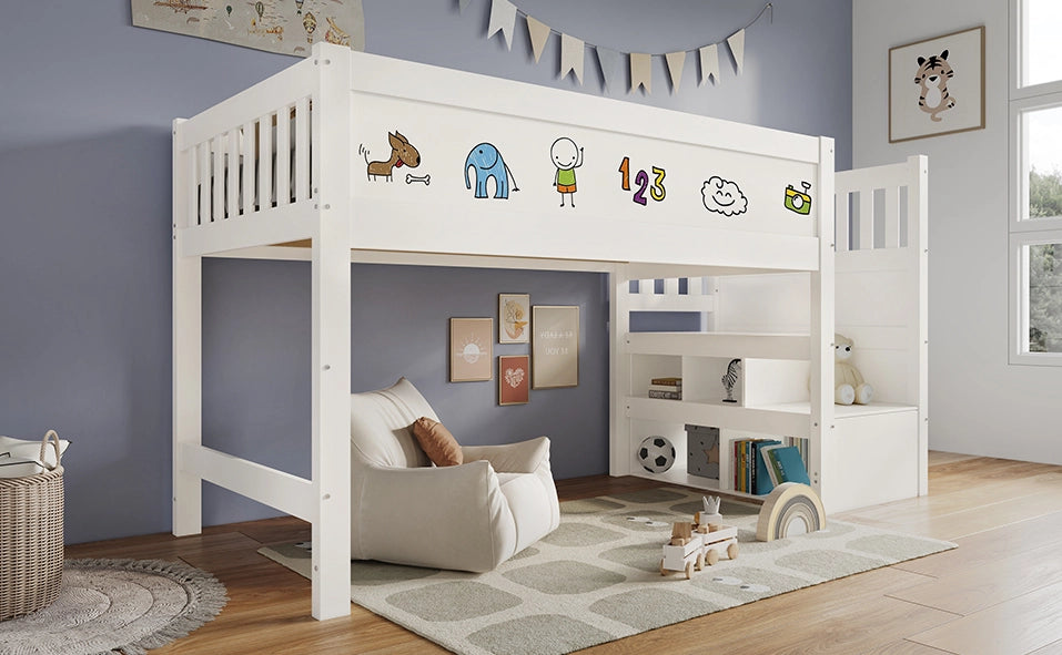 Letto a castello per bambini 90x200 cm in legno bianco con lavagna e protezione anticaduta, senza materasso