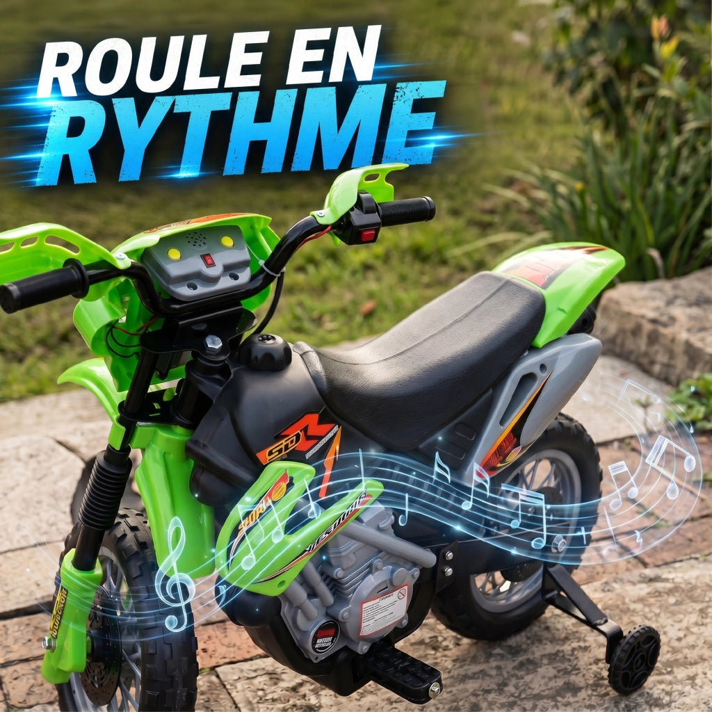 Moto cross elettrica per bambini 3-6 anni con batteria 6V fari musica e rotelle di supporto carico 25kg verde e nero