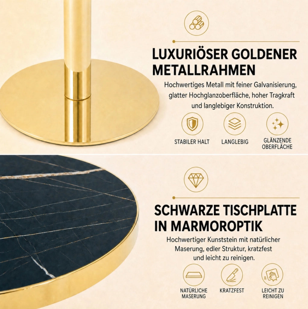 Tavolino rotondo moderno con piano effetto marmo e struttura in acciaio inox dorato per il soggiorno
