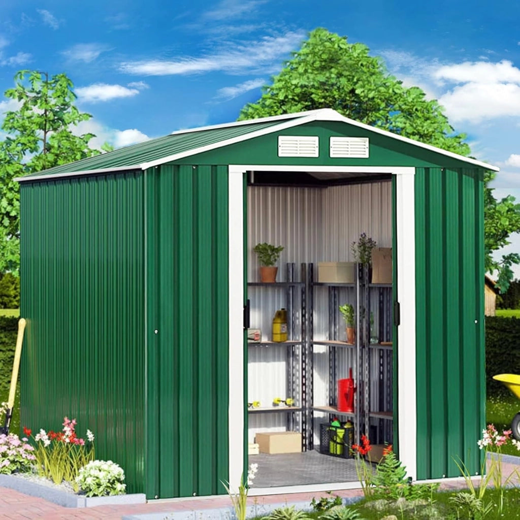 Casetta da Giardino in Acciaio 2,7㎡, con Base, Porte Scorrevoli, Maniglie, Sfoghi e Tettoia, Capanno da Esterno per Giardino, Fattoria e Cortile, 213 x 127 x 185 cm (Verde Scuro)
