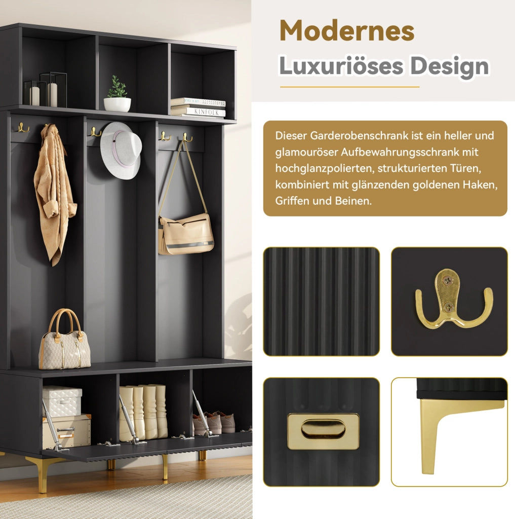 Mobile ingresso con panca e appendiabiti 120x23;5x191;5 cm in truciolare; nero e oro
