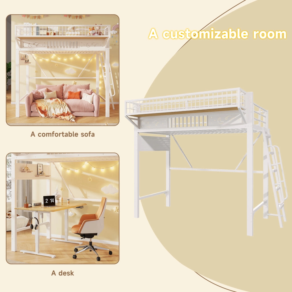 Letto a soppalco 90 × 200 cm in metallo bianco con vano inferiore aperto ripiani laterali e scala reversibile