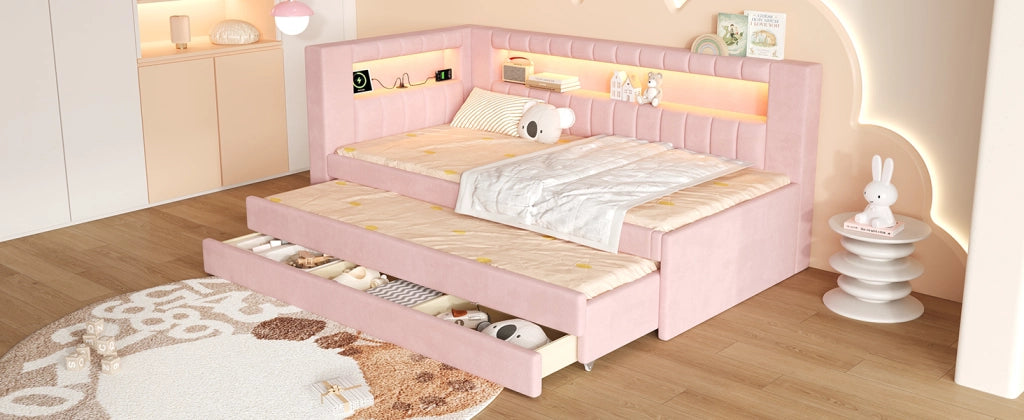 Letto singolo imbottito 90 × 200 cm con letto estraibile tre cassetti USB LED MDF e compensato rosa
