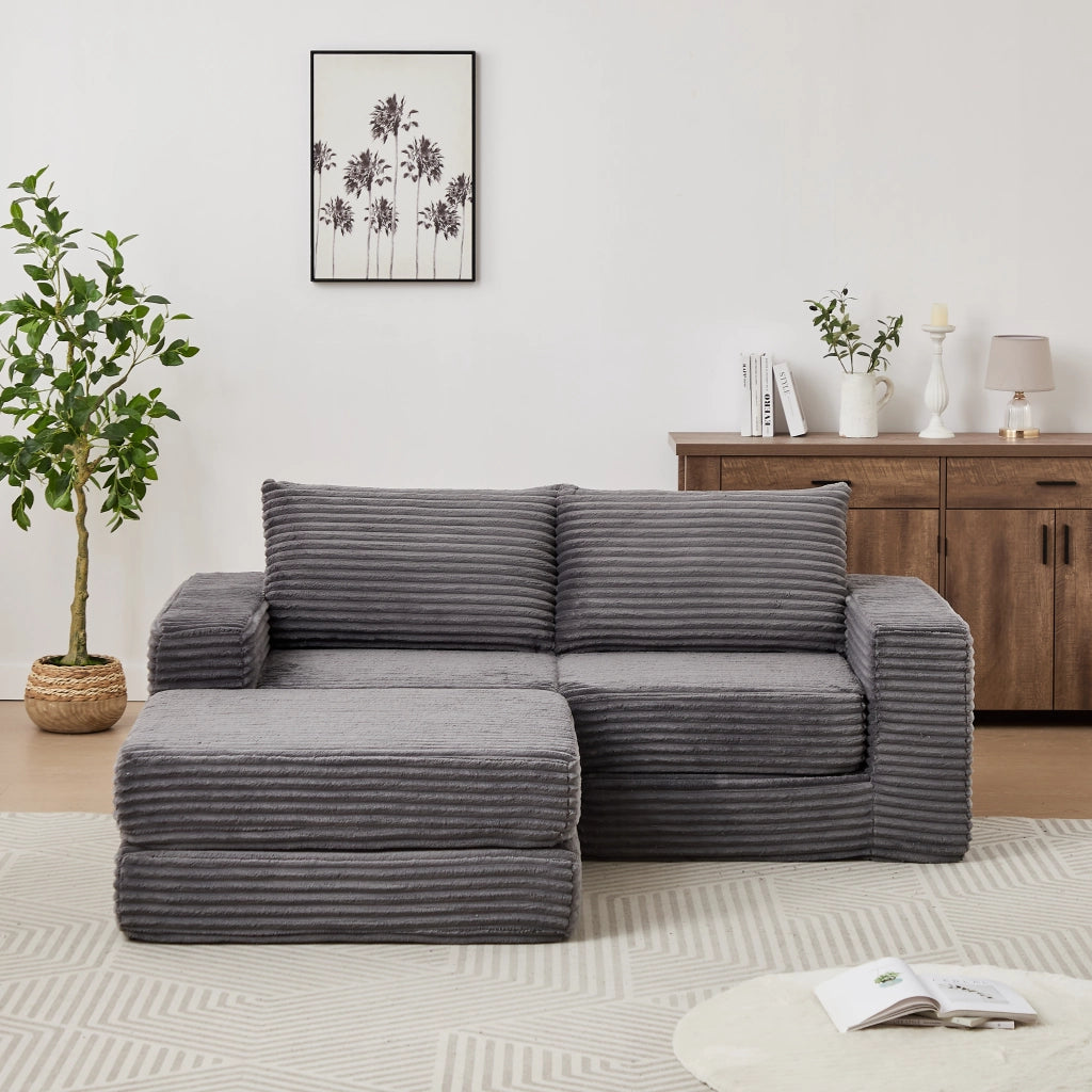 Divano letto modulare 2 in 1 con poggiapiedi rimovibile in velluto a coste grigio