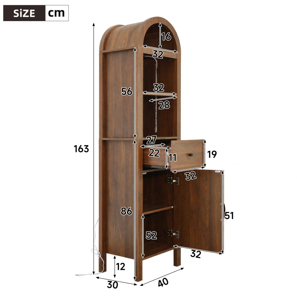 Mobile bagno alto 163 cm con LED RGB, ante reversibili, cassetto, chiusura soft-close, finitura noce 40×30×163 cm