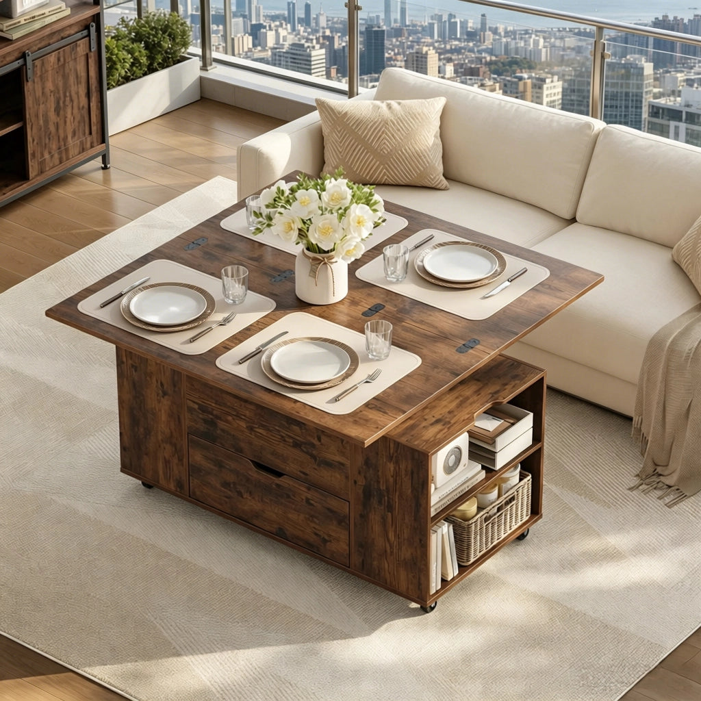 Tavolino basso sollevabile con ruote, cassetto e vani aperti, legno e metallo, marrone rustico, 50,5 × 100 × 53 cm