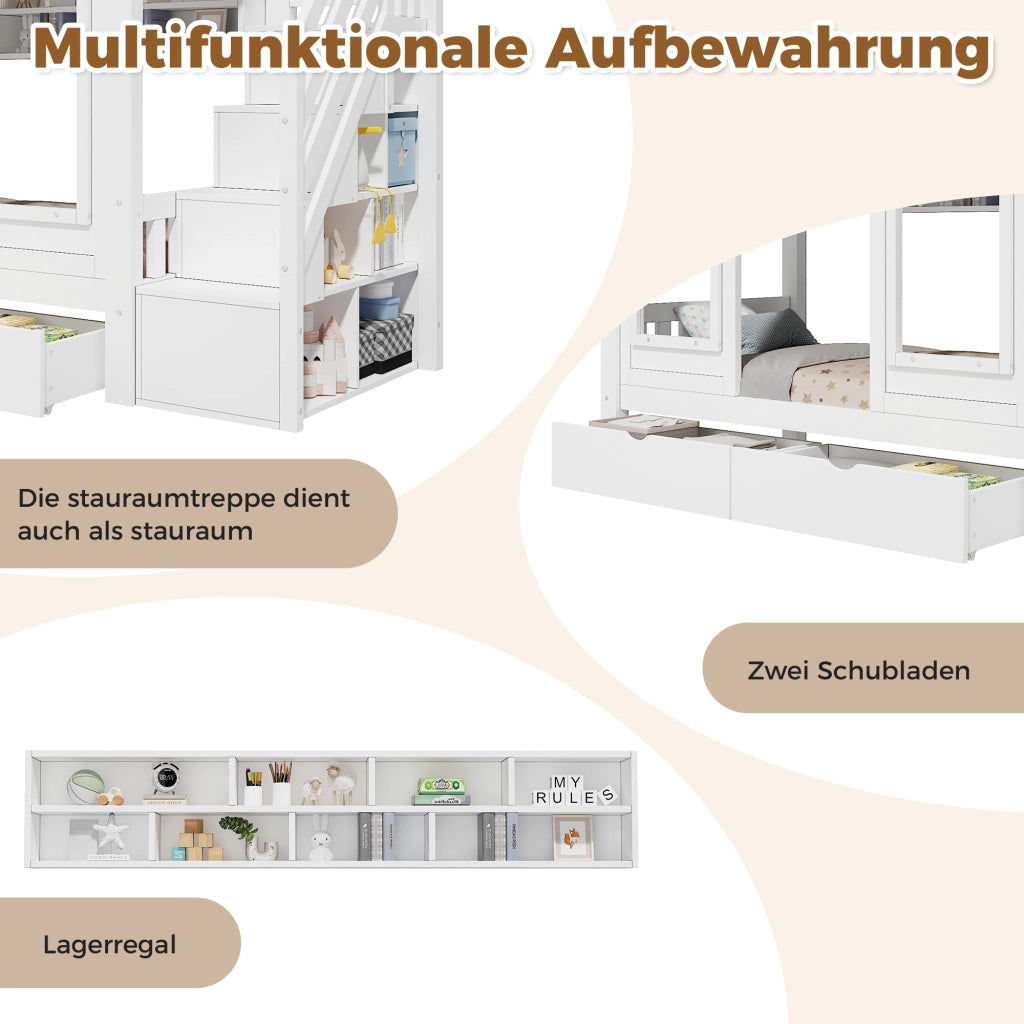 Letto a soppalco per bambini 90 × 200 cm con scala contenitore legno di pino e MDF bianco con cassetto
