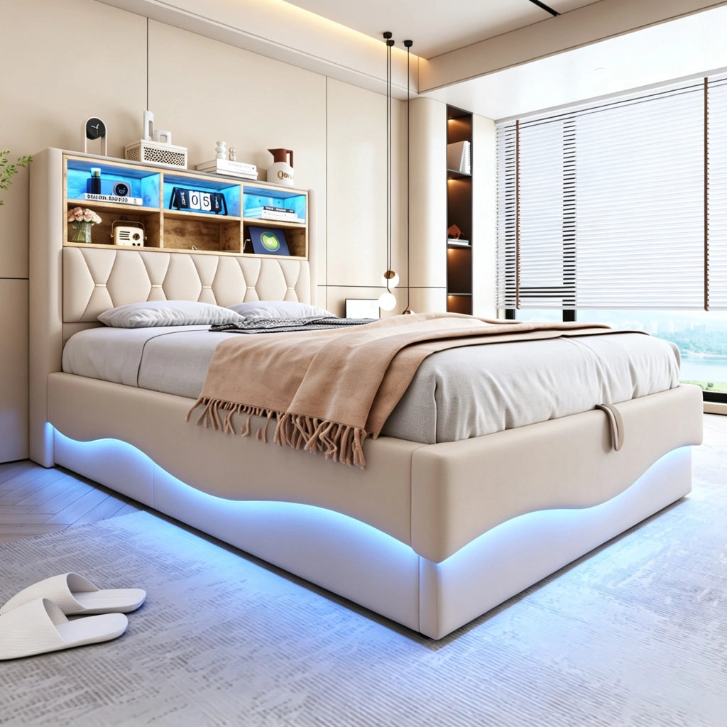 Letto imbottito 140x200 cm con contenitore idraulico, illuminazione LED controllata via app, struttura metallica e rivestimento in lino beige