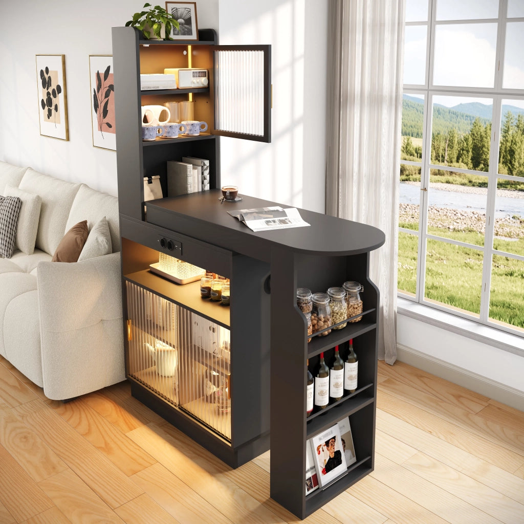 Bar allungabile con contenitore, credenza e armadio da cucina con ante in vetro, illuminazione LED con controllo app, presa, USB e USB-C, nero, 131–170 × 40 × 170 cm