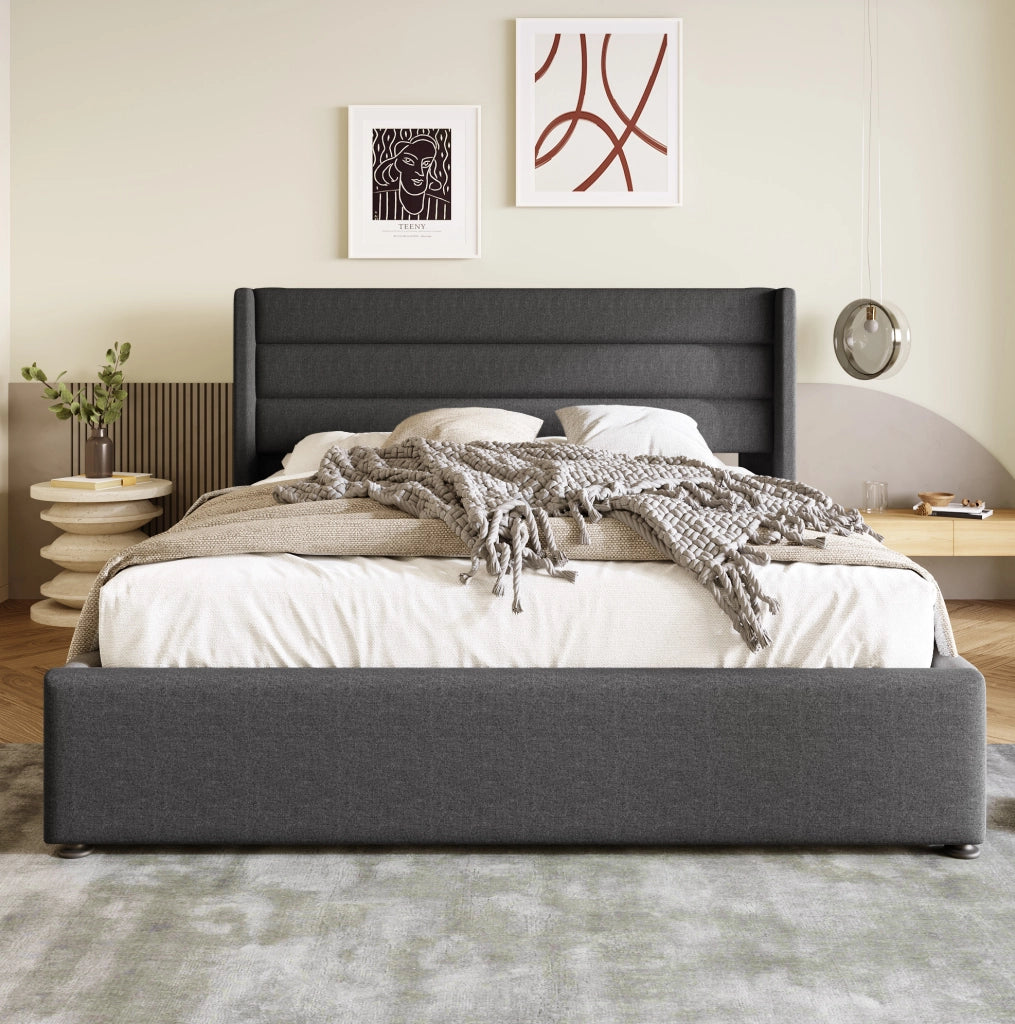 Letto imbottito 160x200 cm con contenitore idraulico in lino grigio