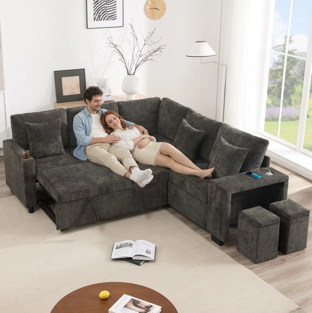 Divano angolare letto L, 5 posti con pouf contenitore, tessuto chenille grigio, USB e USB-C, braccioli larghi, con cuscini inclusi