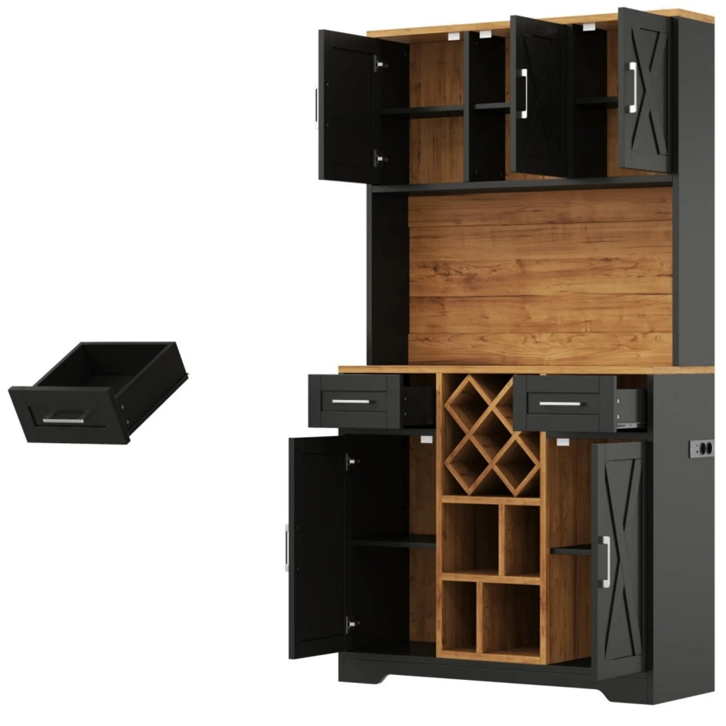 Armadio da cucina 180x105x40 cm, alta capacità con illuminazione LED, cantinetta e vetrina per soggiorno e sala da pranzo