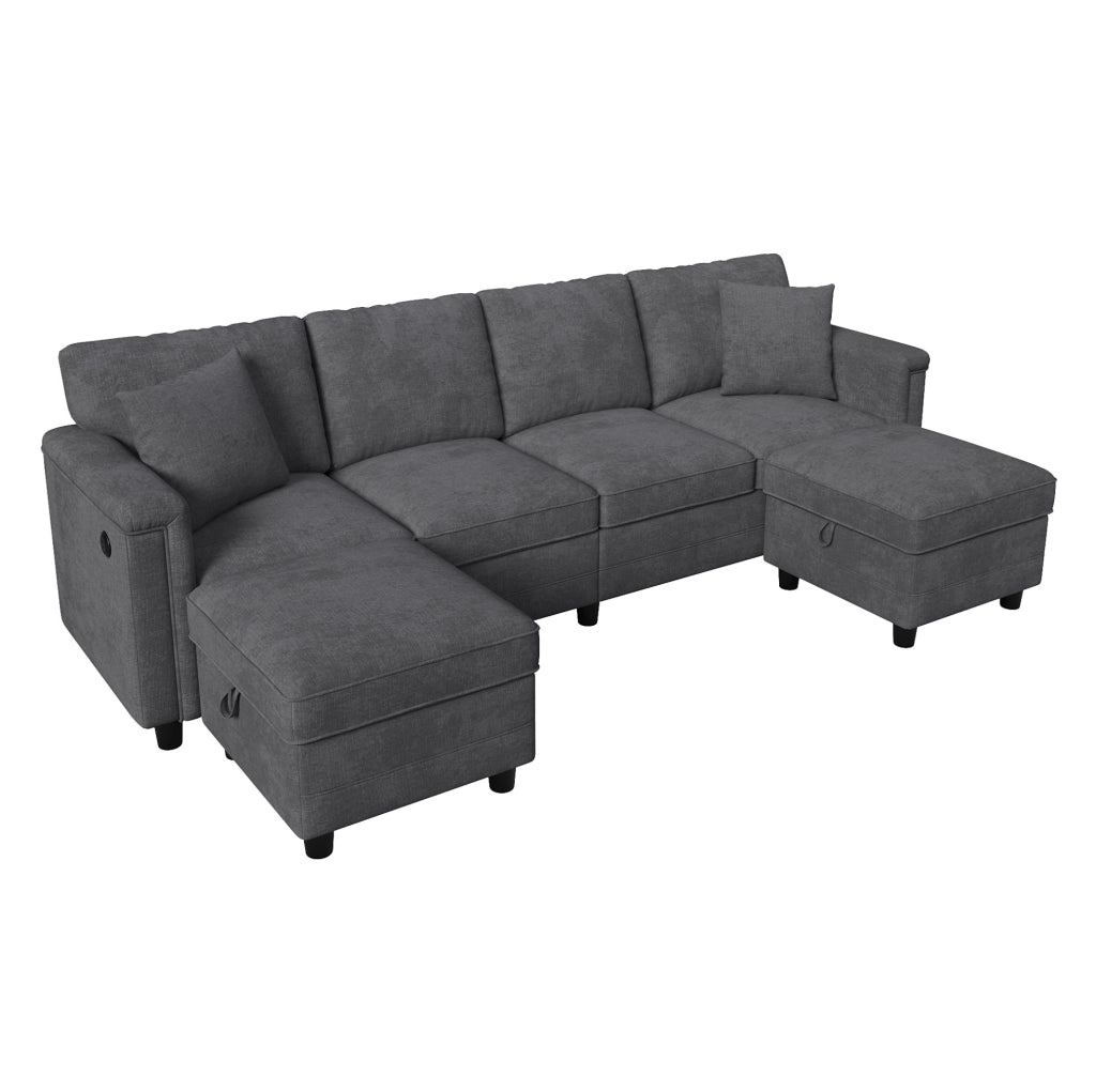 Divano modulare grigio in tessuto Chenille con 2 pouf contenitori e 2 cuscini decorativi, 261×134×82 cm